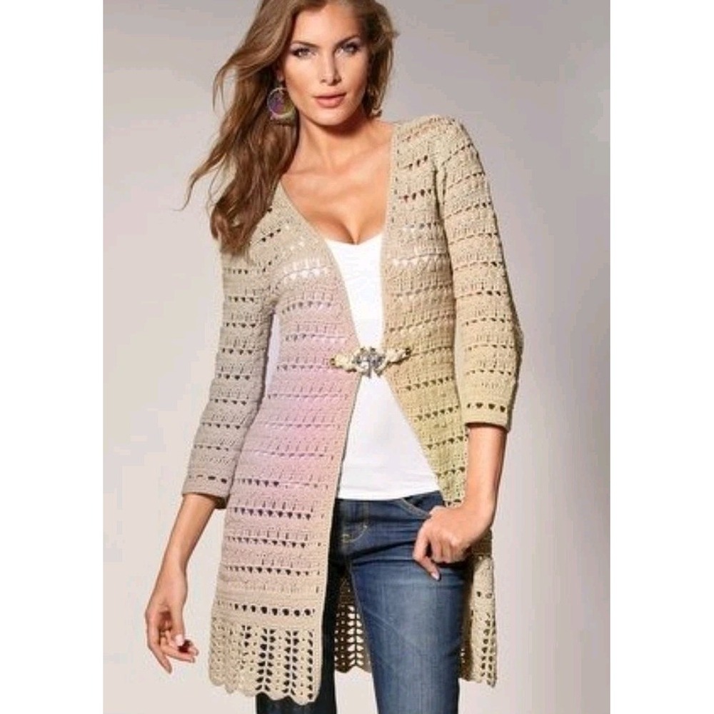 Boston Proper Cardigan Women XXS Tan Open Stitch Jewel Cardi Boho Crochet Toggle
